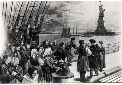 New York - Welcome to the land of freedom - An ocean steamer passing the Statue of Liberty - scene on the steerage deck, illustration from 